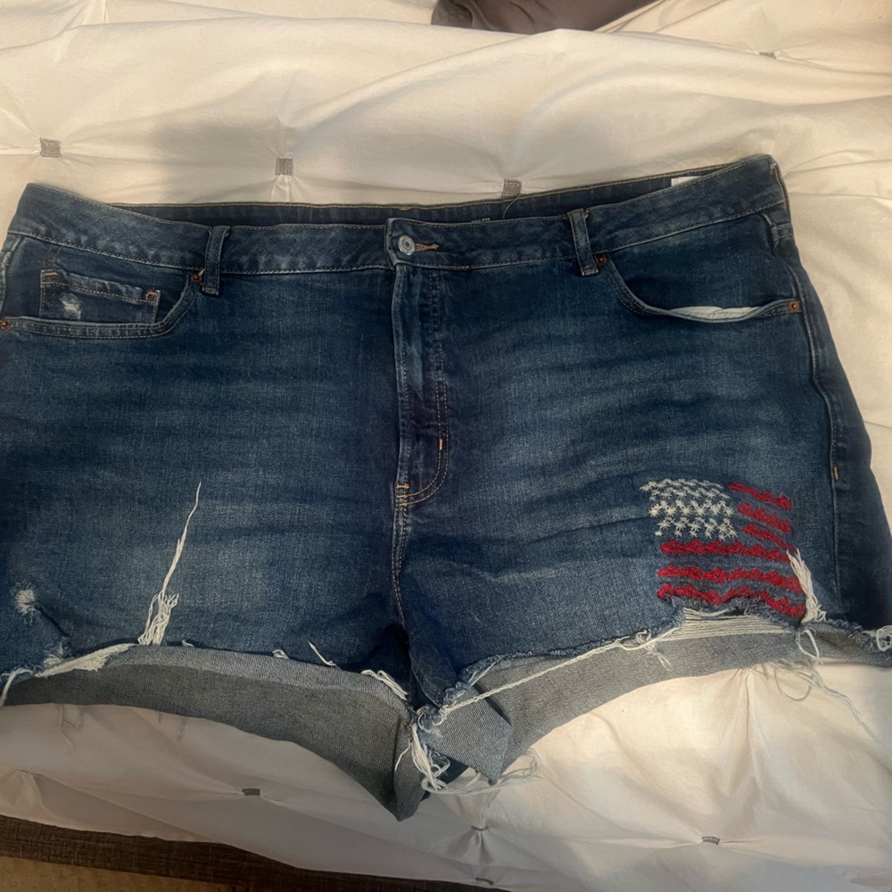 Old Navy Dark Blue Distressed Denim Shorts with Flag Embroidery